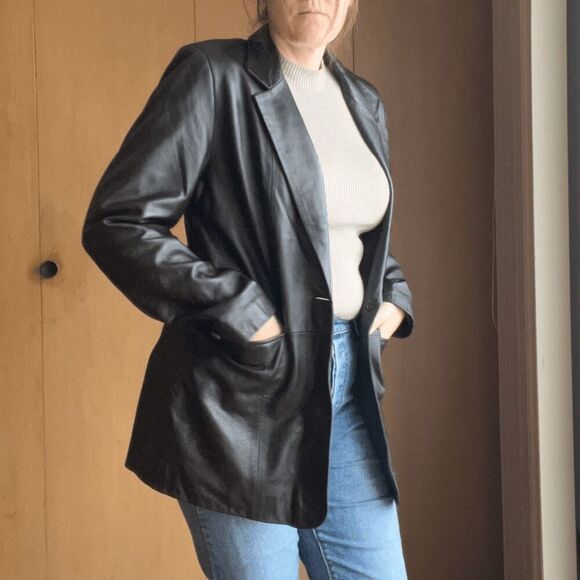 Chocolate Brown Leather Blazer by Denim & Co. | Medium | Timeless Sophistication - Picture 1 of 8